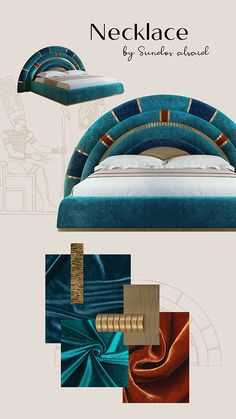 the bed is made up with blue velvet and gold accents