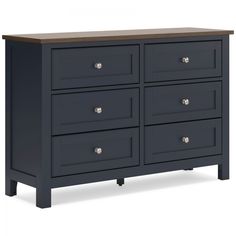 an image of a dresser with drawers on the top and bottom drawer, in dark blue