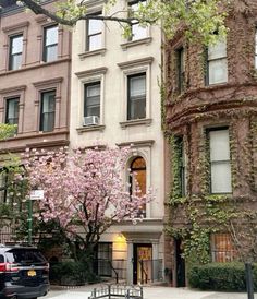 an apartment building with pink flowers on the tree