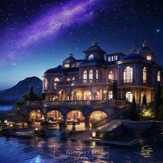 an artist's rendering of a mansion at night with the stars in the sky