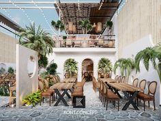 an artist's rendering of a restaurant with tables, chairs and potted plants