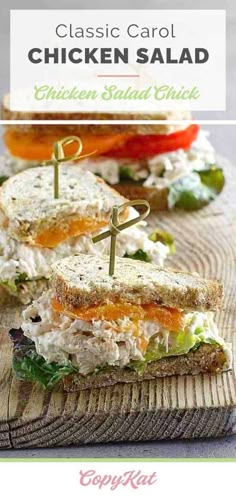 the chicken salad sandwich is cut in half and ready to be served on toasted bread