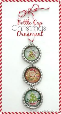 three christmas ornaments hanging on a red and white striped background with the words bottle cap christmas ornament