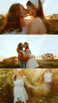 LGBTQ+ couple in a flower field for engagement photos Lgbtq Photos, Hippie Engagement Photos, Sapphic Photography, Non Traditional Engagement Photos Ideas, Wlw Engagement, Wlw Wedding Ideas