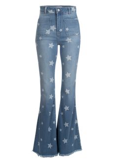 Flare out you look and your attitude with this rad star print flare jean! With a high rise and dramatic flare, these stretch bell bottoms make your legs look a mile long with retro-inspired style that feels cool and modern! An all over star print as well as a frayed hem rounds up the `70s swagger of these denim jeans. Authenticity to vintage-inspired bell bottom jeans cast in a time-worn light-blue wash. Flirty flare features a slender fit through hip and thigh with a dramatic flared leg. Front Winter Flare Jeans Outfit, Flared Jeans Outfit Fall, Shaggy Jacket, Flare Jeans Outfit, 2024 Board, Jeans Design, Hot Halloween Outfits, Jeans Outfit Fall, Printed Flare Pants