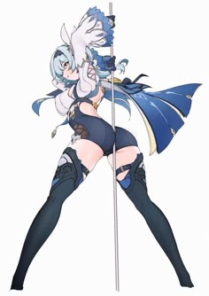 an anime character is holding a pole and posing for the camera with her legs spread out