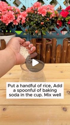 a person is scooping rice into a small glass jar on a table with pink flowers in the background