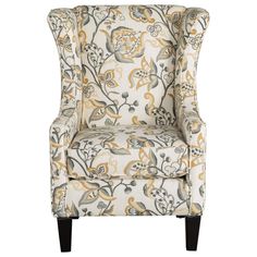 an upholstered chair with yellow and gray floral print on the armrests