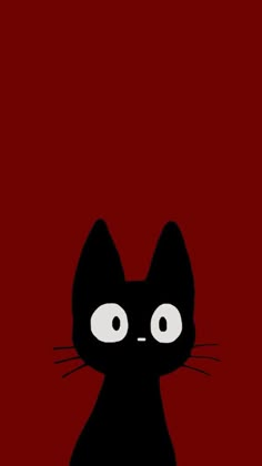 a black cat with big eyes on a red background