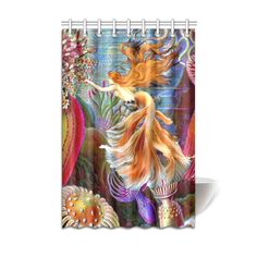 a shower curtain with an image of a mermaid on the water and fish in it