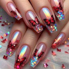 Cosmic Nails, Butterfly Nail Designs, Encapsulated Nails, Fancy Nails Designs, Long Nail Designs, Pretty Nail Art Designs, Pretty Nail Art, Nail Designs Glitter, Butterfly Nail