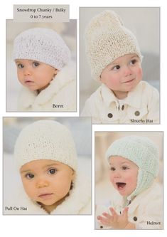 four different pictures of a baby wearing a knitted hat