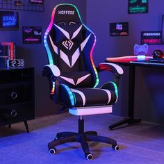 an office chair with neon lights on it