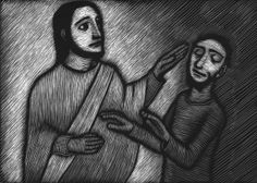 a black and white drawing of jesus holding the arm of a man in front of him