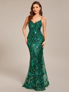 Custom Size Sequin Mermaid Lace-up Back Bodycon Prom Dress #color_Dark Green Bodycon Prom Dress, Chic Cocktail Dress, 2024 Prom, Dancesport Dresses, Junior Prom, Prom Dresses Jovani, Backless Evening Dress, Elegant Prom Dresses, Ever Pretty