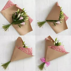 four flowers are wrapped in brown paper and tied with pink ribbon on the top one