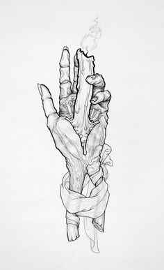 a black and white drawing of a hand tied up with a knot around it's fingers