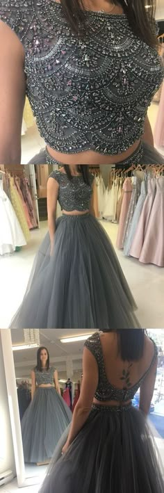 Gray Embellished Dresses For Prom Season, Cap Sleeve Prom Dress, Two Piece Prom, Cheap Prom Dresses Long, Backless Evening Dress, Prom Dresses 2018, Tulle Evening Dress, Salwar Kamiz, Backless Prom Dresses