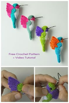 the crocheted bird is being made with yarn and thread, while another photo shows how to make it