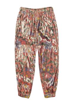 Current Boutique-Chanel - Orange & Multi Color Floral Silk Blend Sz 4 Summer Festive Floral Print Pants, Floral Print Bottoms For Festive Spring Occasion, Floral Print Bottoms For Spring Festivities, Spring Floral Print Festive Bottoms, Spring Festive Floral Print Bottoms, Multicolor Floral Print Party Bottoms, Festive Pink Bottoms For Summer, Pink Bottoms For Festive Summer Events, Multicolor Festive Bottoms For Spring