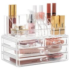 The HBlife Clear Acrylic Makeup Organizer is a versatile storage solution for cosmetics and skincare products. This set includes two pieces  a vanity makeup case with four storage drawers and a two-tier bedroom cosmetic display case. Made from high-quality clear acrylic, these organizers offer a sleek and transparent design, allowing easy visibility and access to your makeup and skincare items. The clear construction adds a modern touch to your vanity or bathroom counter. The vanity makeup case Clear Acrylic Makeup Organizer, Penyimpanan Makeup, Clear Makeup Organizer, Make Up Storage, Makeup Case Organization, Makeup Storage Organization, Acrylic Organizer Makeup, Jewelry Display Box, Cosmetic Display