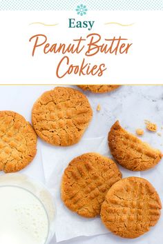 three peanut butter cookies next to a glass of milk on a white surface with the words, easy peanut butter cookies