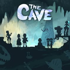 the cave game poster with silhouettes of people and monsters