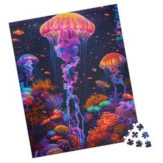 a puzzle piece with an image of jellyfishs in the ocean on it's side