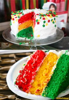 two cakes with different colored frosting on top of each other and one has a slice missing