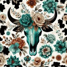 a cow skull with flowers on it's head is surrounded by black and white background