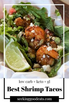 shrimp salad with lettuce and feta cheese on top