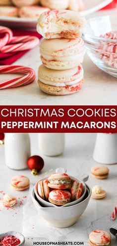 christmas cookies and peppermint macaroons are stacked on top of each other