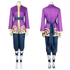 the legend of zeon cosplay costume is shown in purple and blue with gold accents