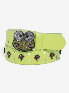 Green faux leather belt featuring gem-accented mushrooms and a gem-accented Keroppi buckle. PolyurethaneImported Hot Topic Sanrio, Scene Belt, Cute Belts, Decora Accessories, Sanrio Backpack, Sanrio Keroppi, Bling Belt, Green Mushroom, Sanrio Accessories