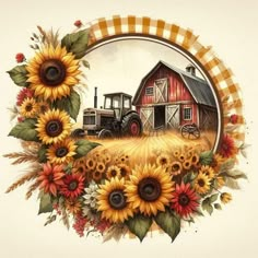 an old farm scene with sunflowers and a tractor in the center, surrounded by autumn leaves