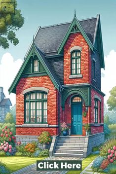 a red brick house with green trim and blue door is featured in the front yard