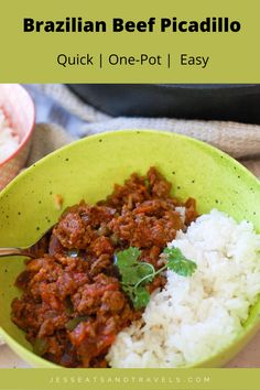 a green bowl filled with rice and meat