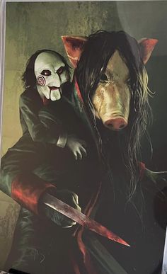 a painting of a man with a mask on holding a knife next to a demon