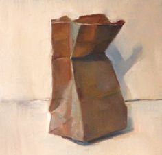 a painting of a brown paper bag on a white surface with no one around it