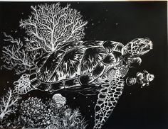 a black and white drawing of a turtle swimming in the ocean with corals on it's back