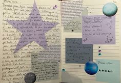 an open book with writing and pictures on the pages that are covered in stars, planets, and other things