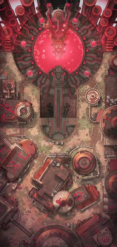 an overhead view of a futuristic city with lots of red and black circles on it