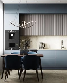 a modern kitchen with blue chairs and wooden table