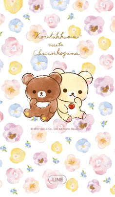 two brown teddy bears sitting next to each other on a white background with pink and blue flowers