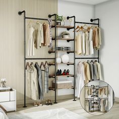 an open closet with clothes and shoes hanging on the wall, next to a mirror