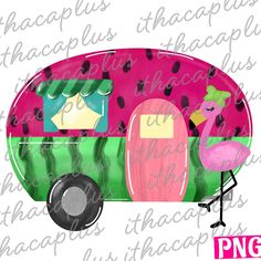 a pink and green trailer with flamingos on the side, in front of a white background