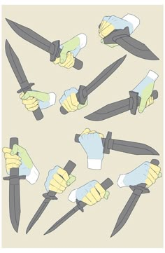 several different types of knifes with hands holding knives in the middle and on top