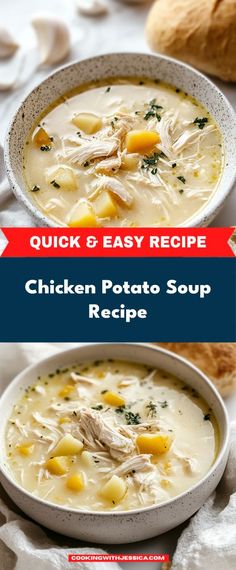 chicken potato soup in a bowl with the title overlay that reads quick and easy recipe