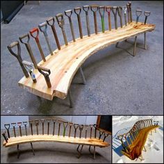 there are many different types of tools on this bench made out of wood and metal