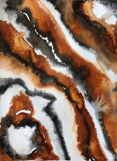 an abstract painting with brown, black and white colors on it's surface is shown